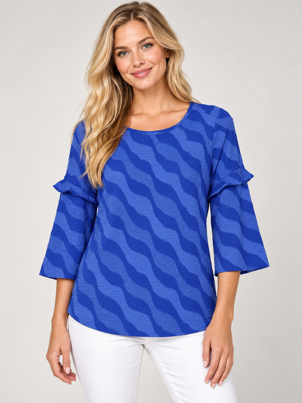 2/$30 Chico's Blue Wavy Stripe Ruffle Sleeve Blouse M #A4913